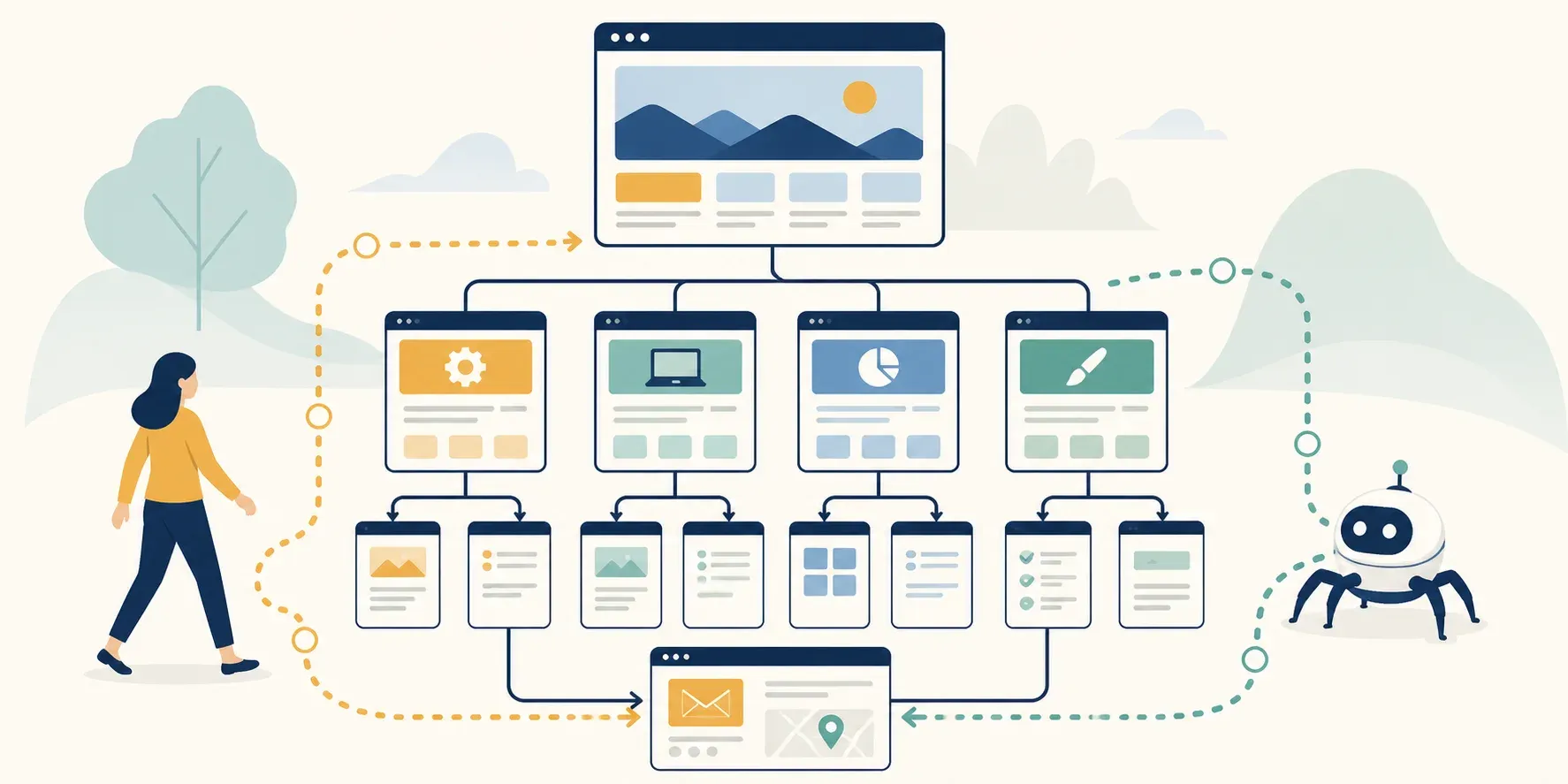 Sơ đồ website có trang chủ kết nối rõ ràng với nhóm dịch vụ, trang chi tiết và trang liên hệ