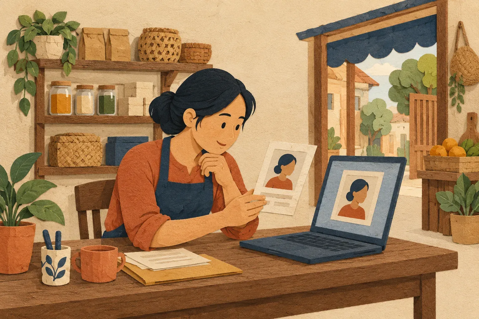 Chủ tiệm nhỏ ngồi ở bàn làm việc phía sau cửa hàng, đối chiếu một tấm thẻ giấy với thông tin hiện trên màn hình laptop