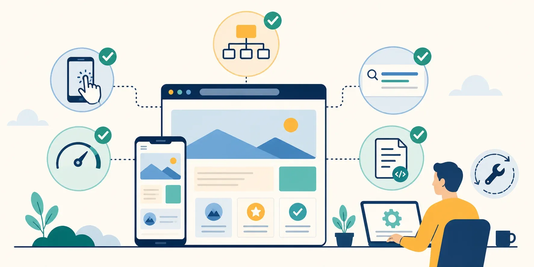 Người vận hành kiểm tra website trên máy tính và điện thoại cùng các yếu tố tốc độ, cấu trúc và khả năng tìm kiếm