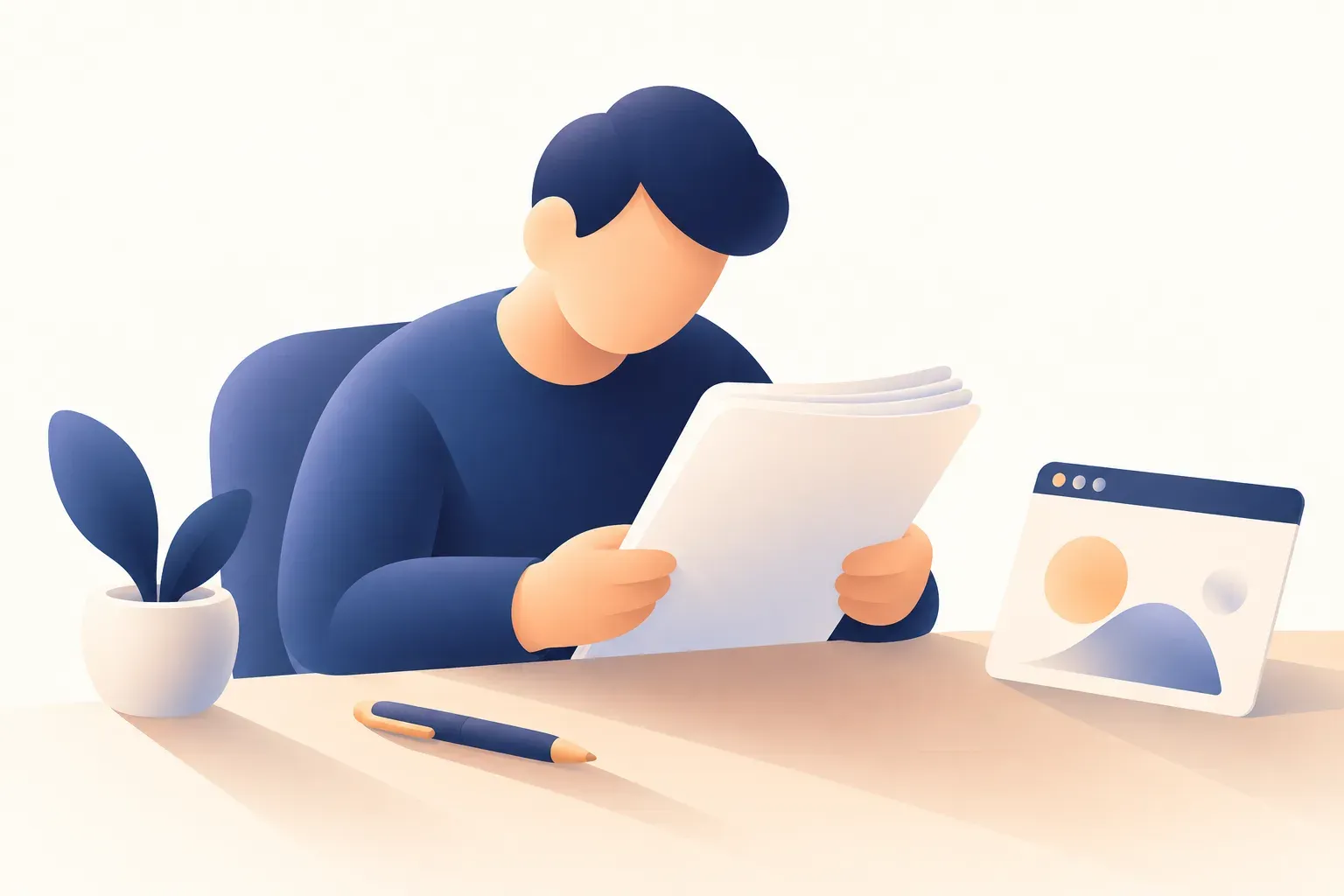 Chủ doanh nghiệp nhỏ ngồi đọc kỹ hợp đồng làm website trước khi ký